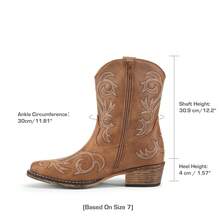 Women's Embroidered Cowboy Cowgirl Western Boots Stitched Ankle Boots With Square Toe, Chunky Heel, And Zipper Closure, Fashionable Short Booties - 摩卡棕 - 查看 5