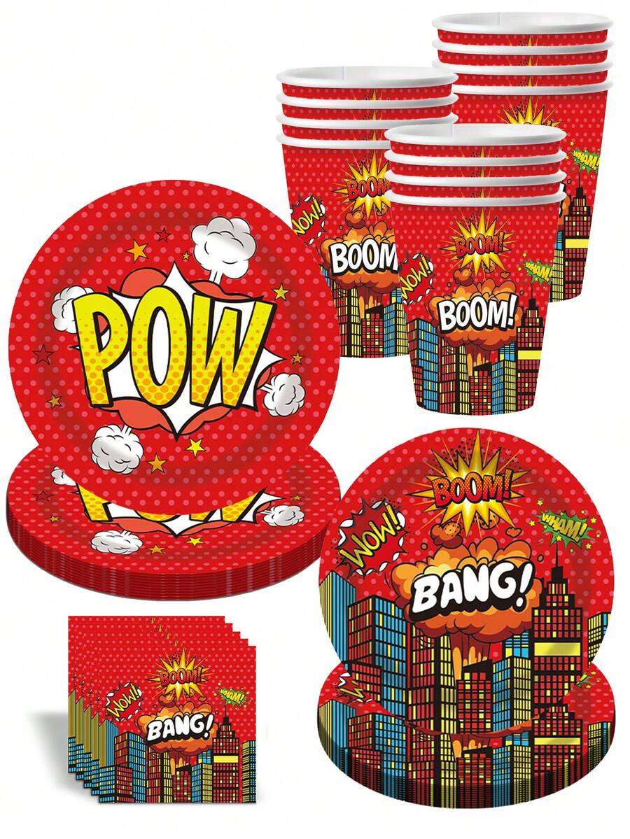 50pcs Hero Theme Party Supplies, Suitable For 10 Guests, Includes Paper Plates, Napkins, Paper Cups And Cutlery, Red Hero Theme Disposable Tableware Decoration, Suitable For Birthday Party, Shower Party - Multicolor - View 1