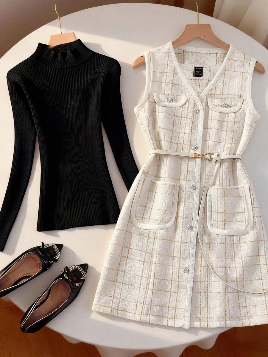 女士时尚无袖格子外套，采用春季格子图案设计，配有腰带和前襟纽扣，适合派对、节日、休闲外出和度假穿着。白色