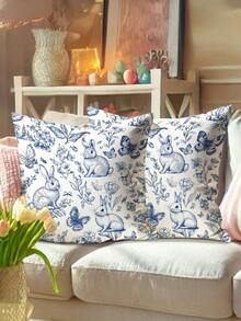 1/2/4pcs Blue Easter Decoration Bunny Rabbit Floral Plant Throw Pillow Covers | Cute Funny Cosy Soft Decorative Pillowcases With One-Sided Printing, Polyester, Machine Washable, Contemporary Style For Spring Living Room Bedroom Sofa Bed Decor Without - Blue - View 5
