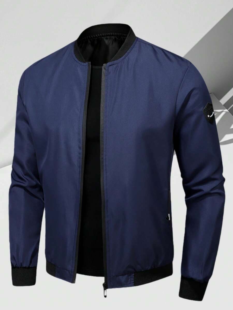 Men's Stand Collar Zip-Up Baseball Jacket, Bomber Jacket - Navy Blue - View 1