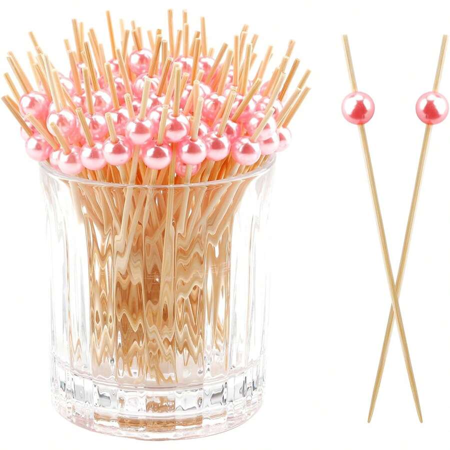 200/100/50/20 piezas Pinchos de bambú con perlas, Pinchos de bambú con perlas rosas, Adecuados para tenedores de fruta, pasteles, postres, decoraciones, excelentes para reuniones familiares, fiestas, restaurantes, cocinas, festivales - Rosa - Ver 1
