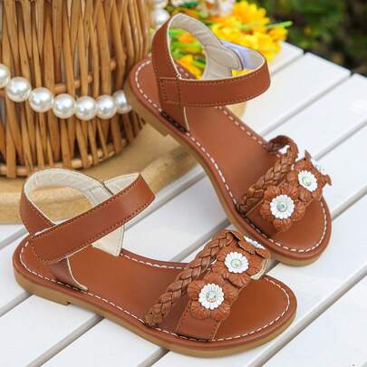 2pcs Girls' Flat Sandals, Fashionable Floral Color Block Hook And Loop Comfortable Casual Versatile Sandals, Suitable For Girls' Daily Wear, Beach, Open Toe In Summer