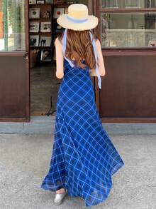 Klein Blue Plaid Midi Dress For Women, Summer, Sleeveless, Waist Cinched, Slimming Design - Blue - View 7