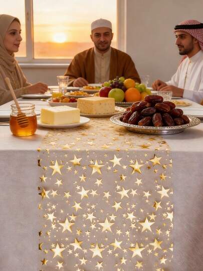 1/2/4/8pcs Gold Foil Star Print Table Runner, 11" X 108", Metallic Polyester Fabric, Suitable For Holidays, Spring, Wedding Table Cloth, Wedding Decor, Home Decor, Room Decor, Party Gifts, Bridal Birthday Decor, Bachelorette Party Decor, E-I-D