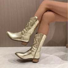 Women's Western Style Glossy Mid-Calf Boots, Versatile Cowboy Boots, Festive Vibe - Gold - View 3