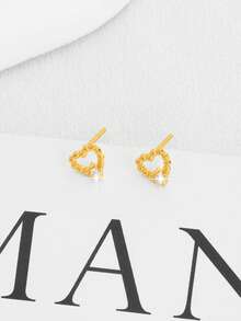 一对简约心形水钻耳钉，时尚精致奢华独特设计，百搭饰品 - 金色 - 查看 2