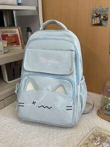 1pc Light Blue Cat Ear Embroidered Canvas Backpack, Zipper Closure, Large Capacity, Suitable For Students And Commuting, All Seasons - Blue - View 8