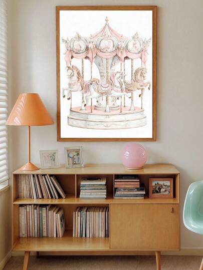 1pc Cuadros Canvas Wall Art - Baby Decor, Pink Carousel Wall Mural Printable Version, Soft Vintage-Style Nursery Decor, Baby Girl Room Decor, Framed Nursery Wall Art Perfectly Suited For Playroom Decor Nursery Decor, Childcare Room Decor, Preschool Decor Boy's Room Decor Girl's Bedroom Decor Children's Room Decor