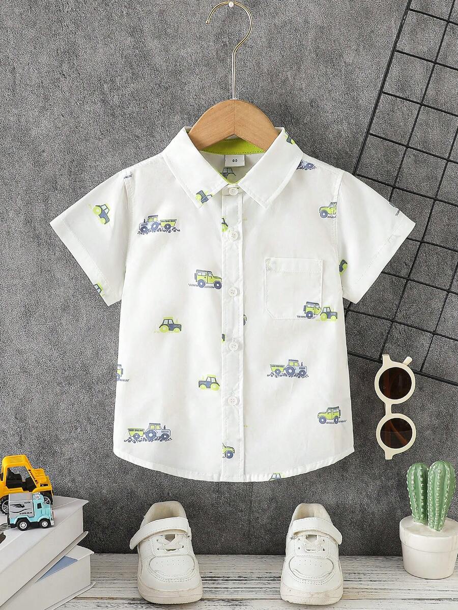 Young Boy Cartoon Car Print Button-Front Short Sleeve Shirt - White - View 1