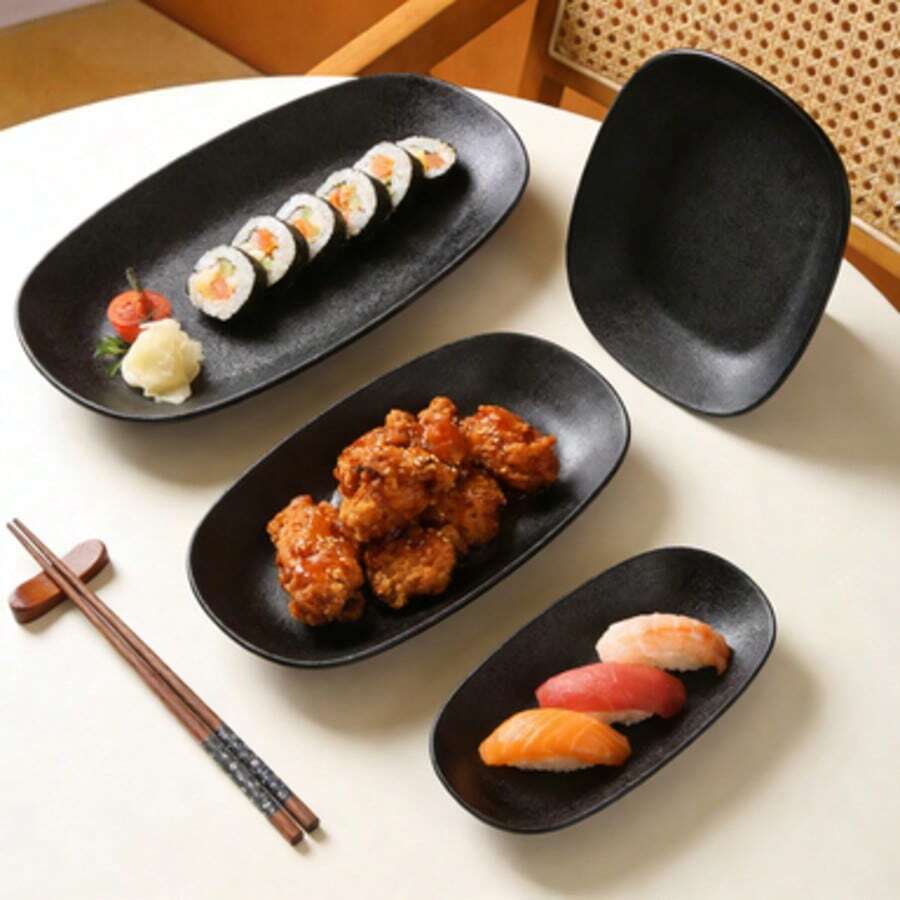 大容量哑光黑色碳纤维椭圆盘/清晰碳纤维纹理/适用于高端餐饮/家用/寿司盘/烧烤盘/甜点盘/抗冲击/耐刮擦/耐热/易清洁/可用洗碗机清洗 - 黑色 - 查看 1