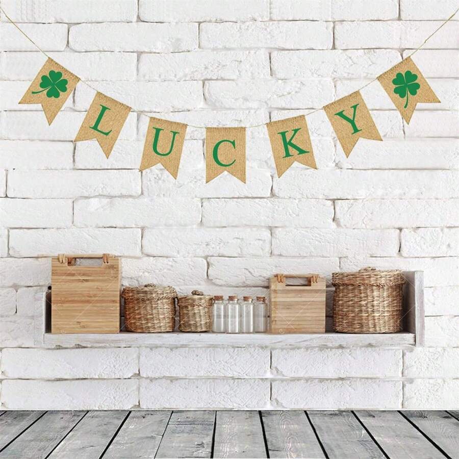 Irish Burlap Shamrock Garland Banner Creative Spring Hanging Decoration For Home Store Wall Fireplace Mantle - Green - View 1