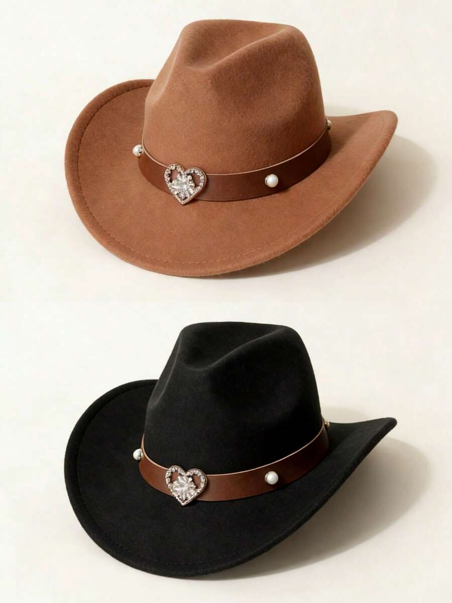 Women's Brown Western Cowboy Hat With Heart-Shaped Metal Decor, Pearl Rivet Embellishment, Leather Hat Band, Fashionable Cowgirl Hat Suitable For Daily Wear And Outdoor Activities. This Women's Brown Western Cowboy Hat With Pearl Rivet Heart-Shaped Leather Hat Band Is An Ideal Choice For Participating In Rodeo Competitions And Casual Outfitting. - Women's Heart Pearl Hat - View 1
