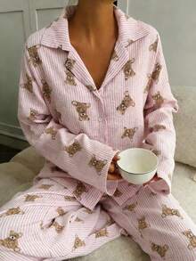 Nina Bonheur 2pcs Women Loose Button Bear Print Long Sleeve Top And Elastic Waist Pants Lounge Set, Cute Loungewear, Fall & Winter Clothes - Pink - View 2