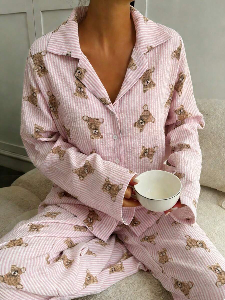 Nina Bonheur 2pcs Women Loose Button Bear Print Long Sleeve Top And Elastic Waist Pants Lounge Set, Cute Loungewear, Fall & Winter Clothes