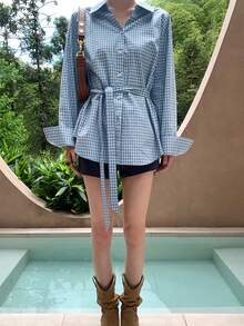 官方图片实拍价格 女士纯棉复古格子衬衫，宽松落肩设计，休闲秋季款 - 淺色水洗藍 - 查看 2