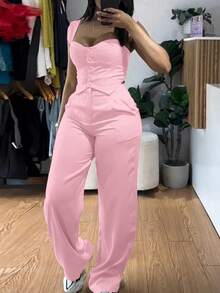 2pcs/Set Thick Strap Button Front Fitted Camisole & Wide Leg Casual Pants Set Pink Summer - Pink - View 4