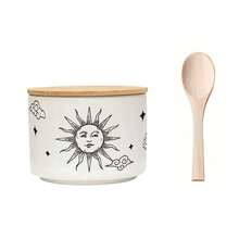 1/2pcs Kitchen Canisters Ceramic Food Storage Jar With Sun & Moon Design, Stackable Containers/Bowls With Airtight Bamboo Lid & Spoon For Serving For Storage Sea Salt, Spice, Sugar - Multicolor - View 12