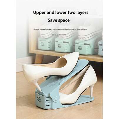 家用储物鞋架，双层鞋架，一体式塑料，简约、节省空间、经济实惠、易于使用的鞋子收纳架。
