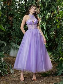 Elisanya 优雅浪漫的贴花细节，交叉露背吊带设计，飘逸的薄纱面料，这款舞会礼服完美适用于返校、晚宴、学校舞会和鸡尾酒会等场合。 - 紫丁香色 - 查看 7