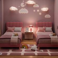 Cama individual con plataforma tapizada en bouclé y cabecera ondulada para niñas/niños. Fácil montaje, soporte de listones de madera, no necesita somier. Rosa claro. - Rosa - Ver 2