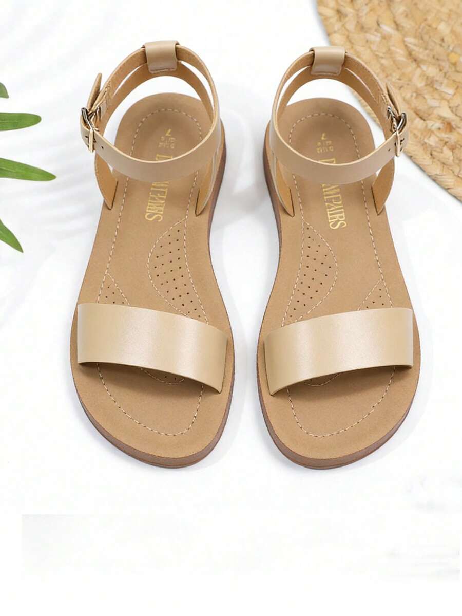 Women'S One Band Ankle Strap Buckle Flat Sandals - Màu be - Xem 1