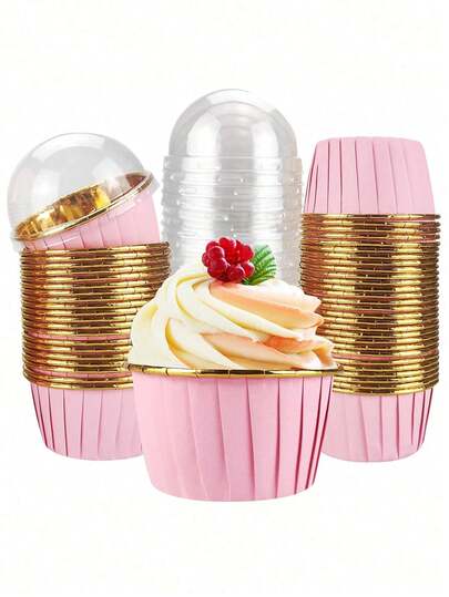 حاملات كب كيك وردية وذهبية مع أغطية، مقاومة للحرارة، مناسبة لخبز الكعك والكريمة والبراونيز، مثالية لعيد الحب، عيد الأم، الزفاف، أعياد الميلاد، المطاعم، شاحنات الطعام، المخابز - صواني قوالب الخبز، مناسبة للكريسماس، هالوين، أعياد الميلاد، الخريف، القرع، أكواب كب كيك/مافن/كيك من رقائق الألومنيوم المستديرة