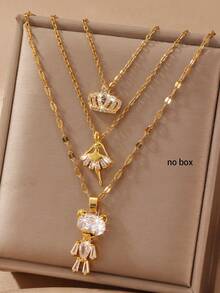 GEREIT 2/3pcs Minimalist Gold Chain Crown & Bear Pendant Necklace Set, Ramadan Gift, Minimalist Design, Suitable For Mother's Day And Daily Wear - Multicolor - View 4