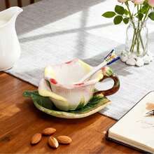 1SET Ceramic 3D Hand-Painted Pink Rose Flower And Leaf Tea Cup And Saucer Set,1pc Coffee Mug(Capacity: 150ml),1pc Saucer,1pc Butterfly Spoon,Valentine's Day, Mother's Day Gifts - Pink - View 8