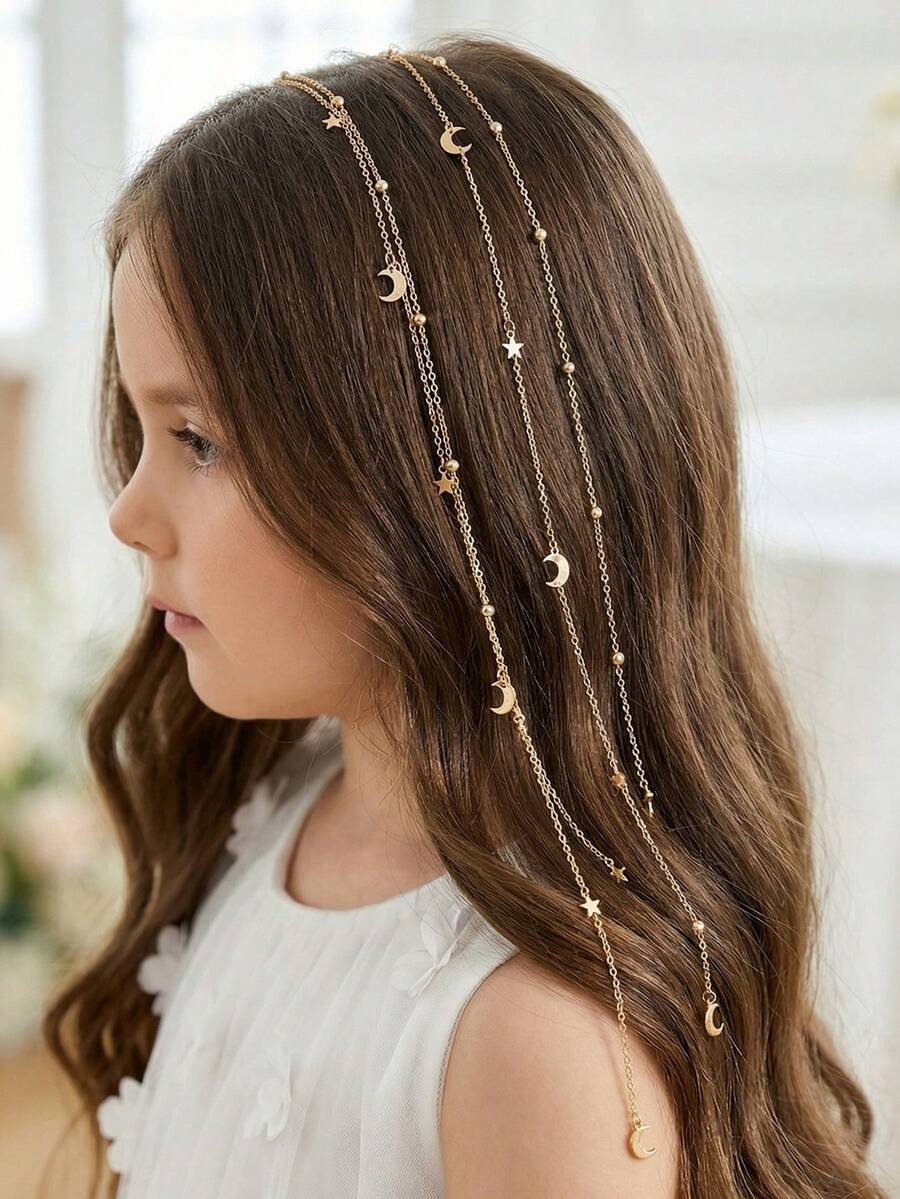 2pcs/Set Girls' Star & Moon Chain Hair Clips & Barrettes Hair Accessories Set - Multicolor - View 1