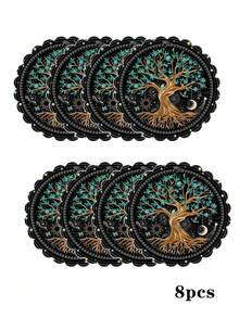 4 Pieces / 6 Pieces / 8 Pieces Kitchen Tablecloths With The "Tree Of Life" Pattern. Round Tablecloths. Round Table Mats. Festival Table Decorations. Seasonal Home Decorations, With A Size Of 13.7 Inches * 13.7 Inches. Round Design. Festival Decorations, Made Of Thick And High-Quality Linen Material. - Multicolor - View 9