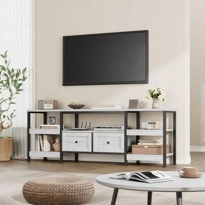 TV-Schrank, Industrial Möbel Lowboard Für Fernseher Bis Zu 85 Zoll, 200 cm Lang, Fernsehtisch Mit 2 Schubladen, 5 Offenen Fächern, 200 x 40 x 65cm, Wohnzimmer, Stahlgestell, Vintagebraun