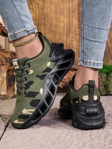Zapatos deportivos casuales cómodos con suela gruesa, versátiles y unisex. Zapatillas de entrenamiento de camuflaje para exteriores y correr. - Verde militar - Ver 6