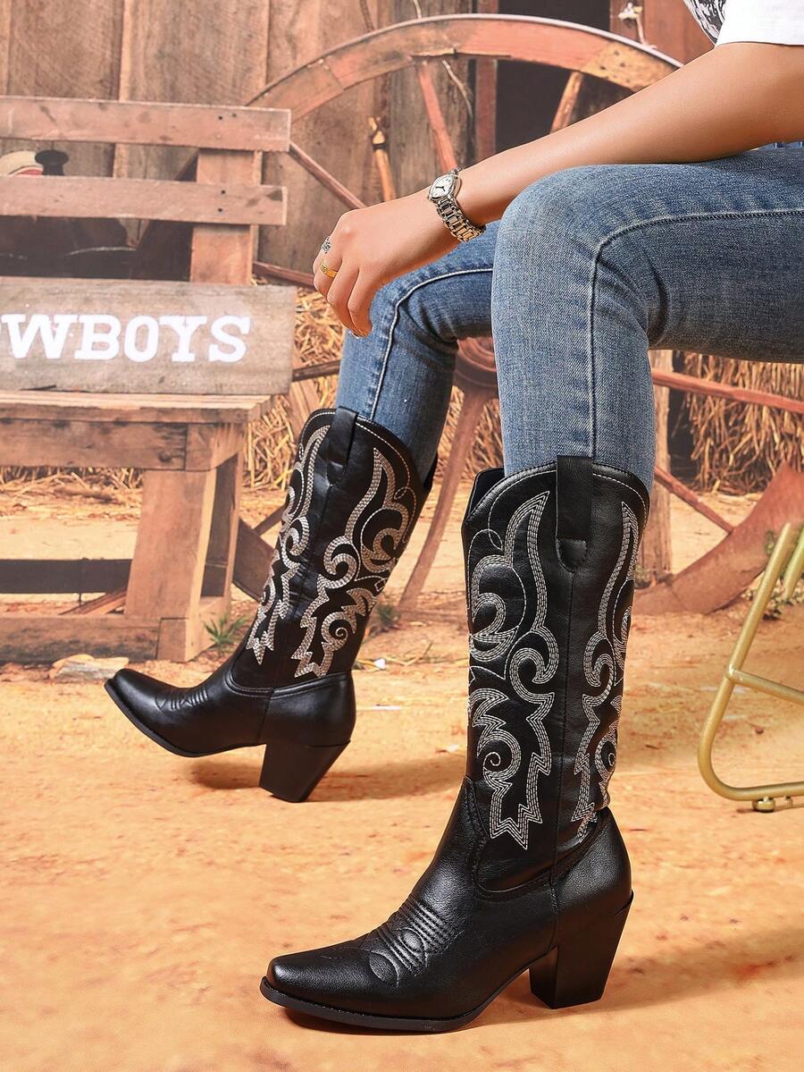 西部风格TPU刺绣系带侧拉链时尚靴，适合度假和所有季节 - 黑色 - 查看 1