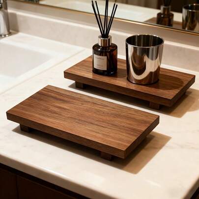 1pc Wooden Bathroom Countertop Tray, Striped Pattern Soap Dish, Candle Holder Home Decor Display Tray, Suitable For Snacks, Drinks, Sushi, Steak, Desserts, Cakes, Bread, Breakfast, Tea - Wooden Bathroom Tray, Kitchen Display Tray