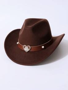 Women's Brown Western Cowboy Hat With Heart-Shaped Metal Decor, Pearl Rivet Embellishment, Leather Hat Band, Fashionable Cowgirl Hat Suitable For Daily Wear And Outdoor Activities. This Women's Brown Western Cowboy Hat With Pearl Rivet Heart-Shaped Leather Hat Band Is An Ideal Choice For Participating In Rodeo Competitions And Casual Outfitting. - Women's Heart Pearl Hat - View 7