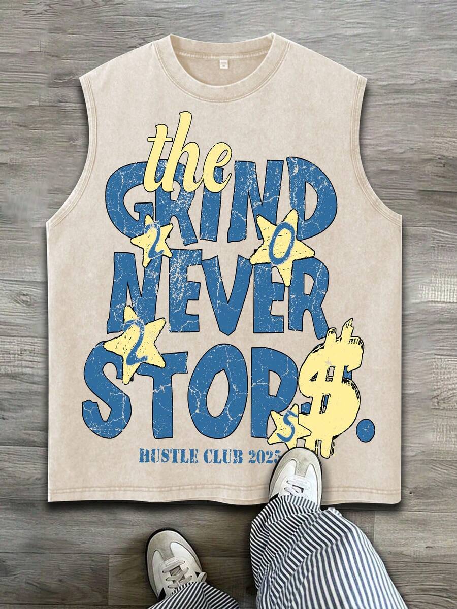 Sleeveless Printed T-Shirt, Y2K Style Street Fashion Men's Washed Vest (220g Pure Cotton), Vintage Pattern Fun Print, Hip-Hop Style, Men's Summer Round Neck Short-Sleeved Casual T-Shirt, Men's Summer Streetwear. - 杏色 - 查看 1