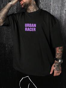 Men's Casual Loose Letter & City Racing Graphic Print T-Shirt, Black Round Neck - Black - View 2