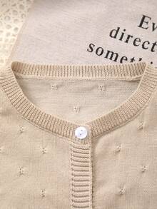 Girls' Solid Color Knit Cardigan, Elegant Hollow Pattern Design, Versatile For Home, Outings Or Eid Al-Adha Gift - Khaki - View 2