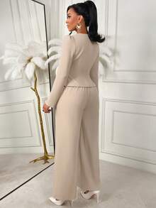 AIJ Amarilo Women's Beige Two Pieces Set, Elegant Square Neck Long Sleeve Peplum Blazer & High Waist Wide Leg Pants Outfit, Office Commute Party Date Daily Wear - Dusty Pink - View 2