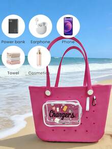 New Chargers Print Bogg Beach Makeup Bag,Beach Accessories, Toiletry Bag,Travel Accessories;Travel Essentials; Multi Color Insert Accessory Compatible, For Decorative Charm Inserts,Suitable For Travel And Outings, Water-Tight - Ideal For Travel,Versatile Inner Organizers,Waterproof, Wear-Resistant, Easy To Clean, Suitable For Bogg Bags, Transparent Bogg Cosmetic Bag With Phone Holder, Compartmentalized Internal Storage Compatible Travel Cosmetic Bag - Multicolor - View 8