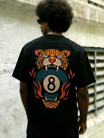 男士时尚休闲街头摇滚说唱风宽松短袖T恤 | 台球风格 | 老虎与8号球印花 | 精致设计 | 春夏必备 | 百搭易穿，展现您的个人风格