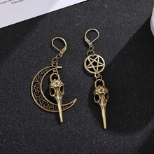1 Đôi bông tai hình trăng lưỡi liềm và ngôi sao năm cánh kiểu cổ điển, bông tai mặt dây chuyền hình đầu lâu quạ kiểu Gothic, trang sức phù thủy phong cách Punk cổ điển, phụ kiện câu lạc bộ Halloween - Đồng - Xem 2