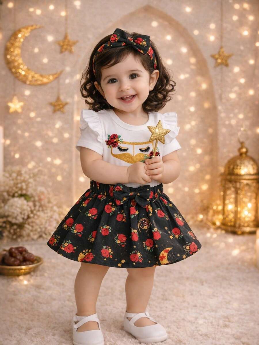 3件套女婴玫瑰印花短袖连体衣和裙子套装，含发带，春夏款