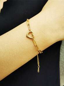 1pc Stainless Steel Waterproof Non-Fading Paperclip Link Chain Bracelet, Suitable For Women's Daily Wear - Gold - View 4