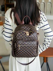 Fashionable Women Backpack, Rhombus Pattern Large Capacity Backpack, Casual Shoulder Bag, Commuter Bag, Student Backpack, Mommy Bag - Brown - View 6