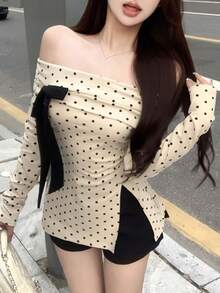 Women's Early Spring Casual Bow Off-Shoulder Polka Dot Apricot Sweet Gentle Elegant Fitted Long Sleeve Top, Suitable For Chinese New Year Outfit - Apricot - View 2