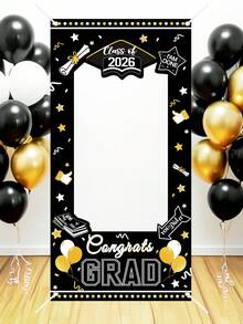 2D Flat, 1pc 2026 Graduation Photo Frame Banner, 60x120cm Black Gold Class Of 2026 Congrats Grad Photobooth Props, Polyester Fabric, Graduation Party Picture Backdrop Background For High School And College Grad, Graduation Party Supplies - Multicolor - View 4
