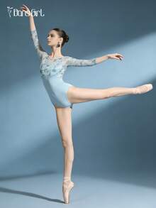 DonsGirl Women's Ballet Leotard, Elegant Dance Performance Outfit, With 3D Floral Mesh And 3/4 Sleeve Design - Màu xanh bụi bặm - Xem 8