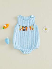Pelele de rayas de Pascua para niñas pequeñas, sin mangas, cuello redondo, con bordado de zanahoria y conejo - Azul - Ver 5